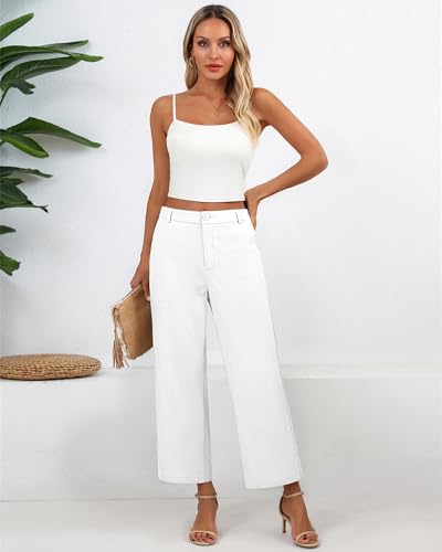Neer Women's Cotton Linen Palazzo Pants, Casual Wide Leg Lounge Pants Summer High Waisted Flowy Trousers with Pockets(White,L)4