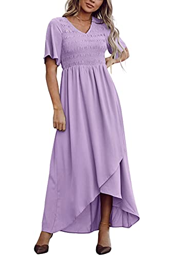 Zattcas Womens Short Sleeve Summer Smocked Maxi Dress Long Dress Lavender S