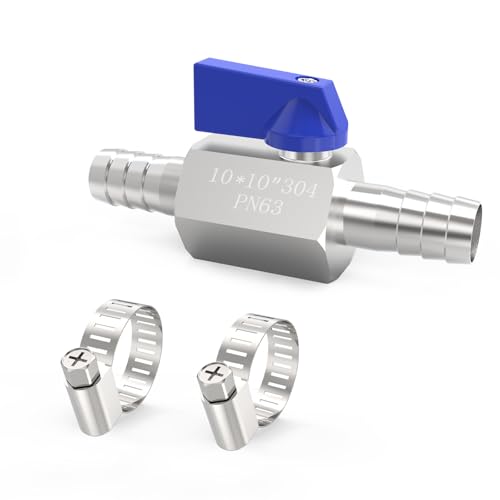 ChillWaves 304 Stainless Steel Mini Ball Valve, Shut Off Switch Ball Valve 3/8" Barb with Hose Clamp for Water Air Systems(1-PACK)