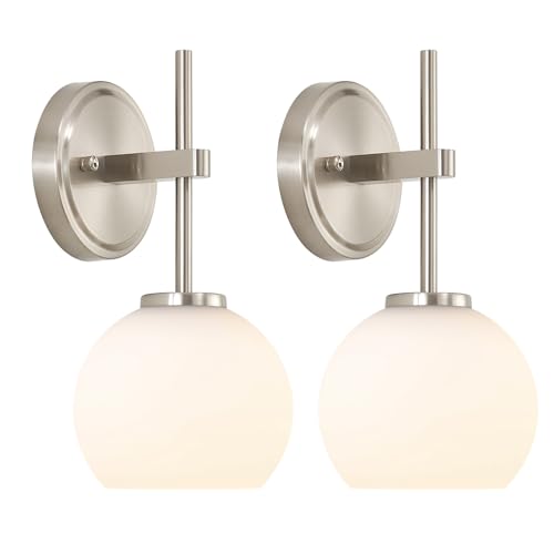 Image of Brushed Nickel Battery Operated Wall Sconce Set of 2, Wireless Rechargeable Sconces Wall Lighting with Remote Control, LED Wall Lights with Opal White Glass Shade, 12 Colors RGB & 3 CCT Bulb