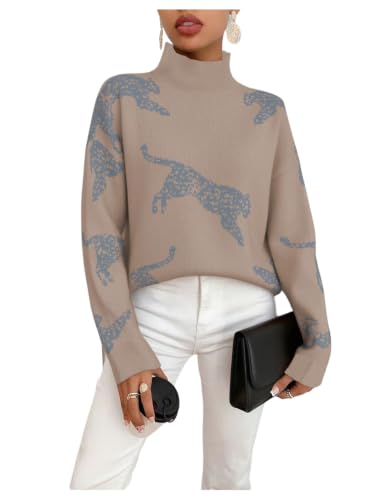 Image of WDIRARA Women's Leopard Tiger Print Sweater High Neck Long Sleeve Fuzzy Knitted Pullover Top