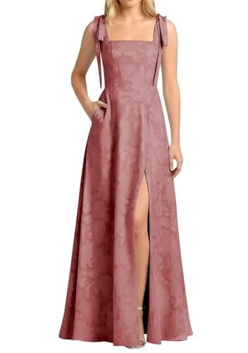 ORRCIGH Vestido largo de encaje floral de satén 2026, vestido de fiesta formal de noche con bolsillos con abertura para mujer WPX096, Rosa Polvoriento, 46