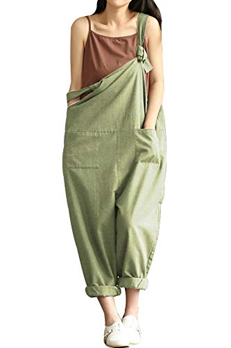 Women's Casual Cotton Linen Plus Size Overalls Baggy Wide Leg Loose Rompers Jumpsuit (M,Green)