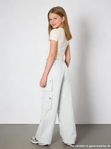 Image of SANGTREE Girls Wide Leg Cargo Pants Multi Pocket,6-14 Years | Cotton High Waist Baggy Trousers with Pockets Teen Y2K Streetwear School Pants| Back-to-school,Outdoor Play