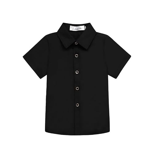 LOLANTA Camisa de Vestido de Manga Corta para Niños Botones Plumón Camisa Escolar Oficial,Negro/Blanco/Azul,3-12 Años(11-12 años,Negro,Etiqueta 100)