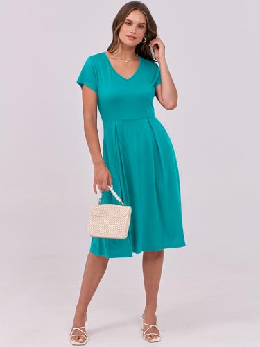 Image of ANRABESS Women Summer Dress Casual Short Sleeve V Neck A-Line Knee Length Pleated Flowy 2026 Fashion Midi Dresses with Pocket