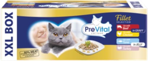 Prevital Comida húmeda para gatos con carne de res, pollo, salsa, atún y pavo en gelatina. Pack de 48 bolsas de 85 g