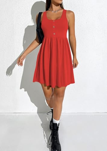 Image of BeadChica Women's Summer Tank Dress Sleeveless Scoop Neck Button-Down Sundress Cute Ruffle Hem Swing Mini A-Line Dress