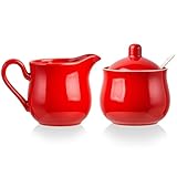 CHILDIKE 12 OZ Ceramic Sugar and Creamer Set, Coffee Serving Set, 4 Piece Cream Pitcher Sugar Bowl with Lid and Spoon (Red)
