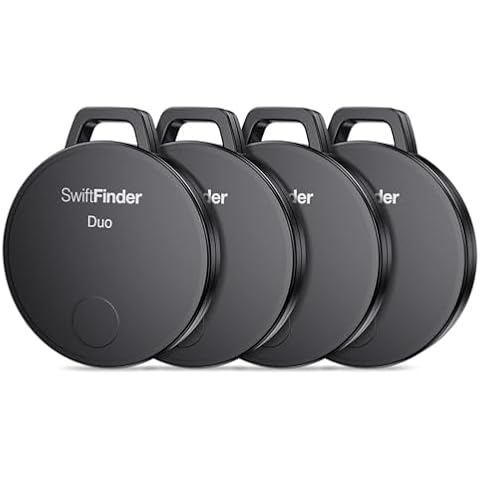 SwiftFinder Duo 4-Pack, Bluetooth Tracker Tags Works with Apple Find My (iOS Only), Keys Finder and Item Locator for Backpack, Keys, Luggage, Up to 350 ft Range, Replaceable Battery, Water-Resistant Cover