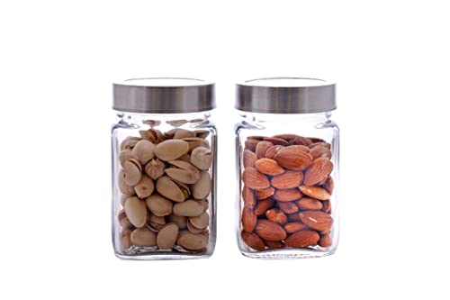 Image of PRAMUKH FASHION Glass Square Shape Transparent Glass Jars & Glass containers for kitchen Pantry, Snacks, Masala, Pickles, Dry Fruits, Coffee Beans Storage Steel See Through Lid (4, 400ML CUBE JAR)