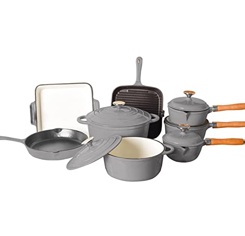Mahahome Cast Iron Cookware Set of 8 with Enamel Coating - Hob & Oven Safe - Grey