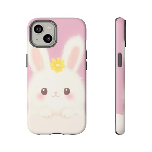 Coque iPhone 14 antichoc rigide mate avec dessin lapin mignon et accessoire fleur