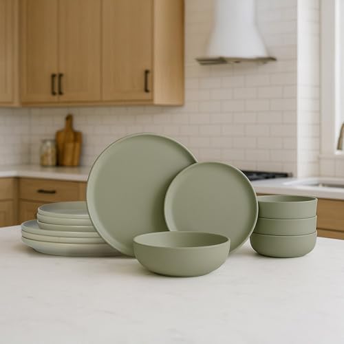 Furrnook 12-Piece Stoneware Dinnerware Set with Mugs | Microwave and Dishwasher Friendly | Stackable Matte Glaze Plates & Bowls | Service for 3 (Green for 4)