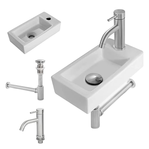 OUUTMEE aufsatzbecken klein Hänge- oder Aufsatz Waschbecken Gäste WC Weiß 370x 185x 90mm