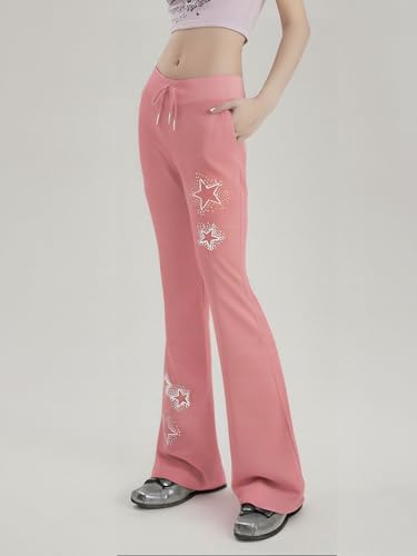Image of BONVEN Womens Y2k Gothic Drawstring Flare Pants Streetwear Casual Star Rhinestone Low Rise Disco Pants Bell Bottoms