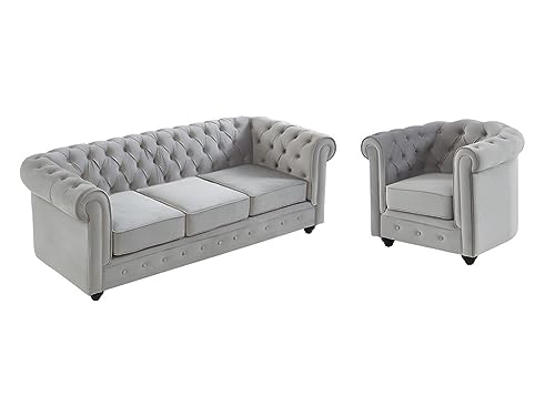 Vente-unique - Canapé 3 Places et Fauteuil Chesterfield - Velours Gris Clair