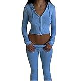 Damen Y2K Zweiteiler Hose und Pullover Strick Reißverschluss Up Crop Hoodies Vintage Sweatshirts mit Kapuze und Hose 90er Lounge Set (A-Blau, S)