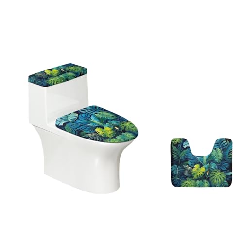 ZDCUSTOM Tropical Monstera Toilet Lid Seat Cover Set of 3, Absorbent Contour Rug, Toilet Tank Cover and Toilet Lid Cover Non Slip Bathroom Decorations Set