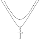 LUXEJEW Silver Cross Necklace for Men, Mens Necklace Stainless Steel Rope Chain Box Chain Cross Pendant Necklaces for Men 18 Inches Baptism Communion Confirmation Christian Jewelry Gifts