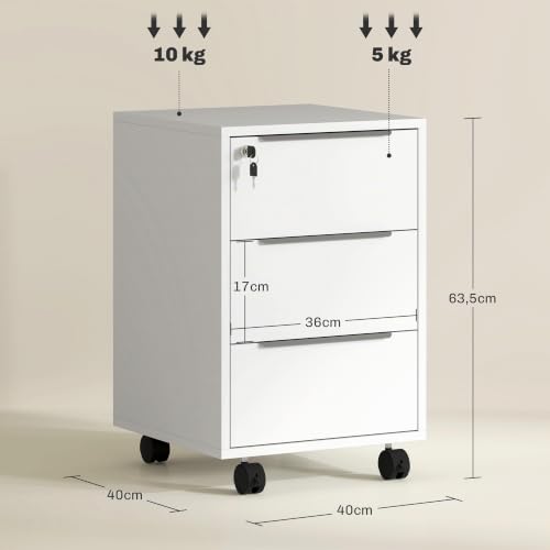 Miniatura 3 de Homcom Cajonera De Escritorio Con 3 Cajones Cajonera De Oficina Con Ruedas Cerradura Y 2 Llaves Archivador Móvil Para Estudio Salón 40x40x63,5 Cm Blanco