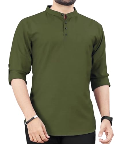 Image of DEEMOON Men's Regular Fit Solid Sprad Collar Casual Shirt with a Trendy Mandarin Collar Crafted from a Premium Cotton Blend