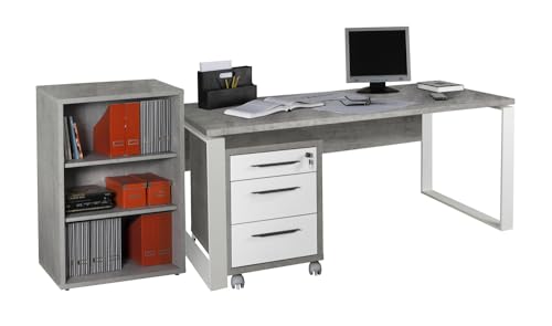 Composad | Bureau, Commode et Bibliothèque Basse avec 2 étagères de la Ligne Dessin, Lot de 3 Meubles de Bureau, Bureau Moderne, Couleur Gris Ciment et...