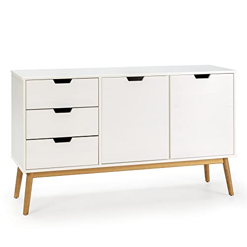 HOMN LIVING Buffet Baku 3 tiroir y 2 Porte Blanc, pin Massif, Longueur 140 cm