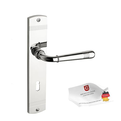 Beschläge Hamburg Türgriffe Türbeschlag EMILY ART 70-09 MPN PVD BB — Türklinke mit Buntbart Langschild für Zimmertüren — Drückergarnitur/Türdrücker für Innentüren, Nickel poliert