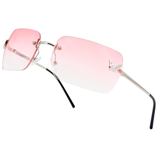 Rimless Rectangle Y2k Sunglasses for Women Men Frameless Tinted Lens 2000S Fashion Shades Butterfly