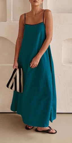 Image of Womens Summer Linen Maxi Dress Contrast Trim Spaghetti Straps Backless Sleeveless Long Flowy Dresses