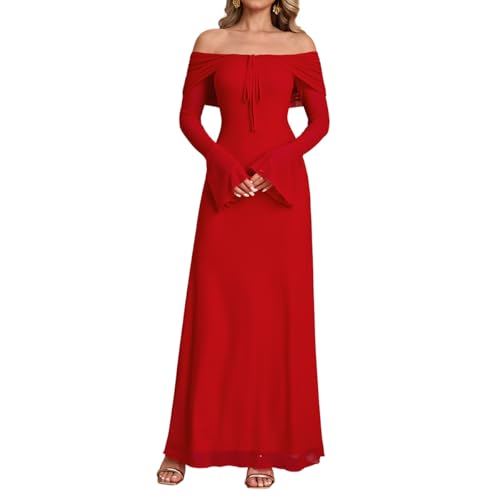 VKIHOC Off Shoulder Long Sleeve Maxi Dress Bodycon Tie Party Formal Wedding Guest Dresses for Women 2025 Red