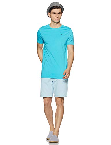 Image of ABOF Men's Solid Slim Fit T-Shirt (BOA19AMCWTE3009425 Turquoise XXL Aqua Blue Metal tab 2XL)