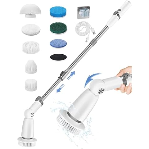 Electric Spin Scrubber Brush Cordless Shower Scrubber with Long Handle, 8 Brush Heads & 3 Adjustable Angles, Dual Speed Electric Scrubber for Cleaning, Automatic Cleaning Brush for Bathroom Tub Tile Cover