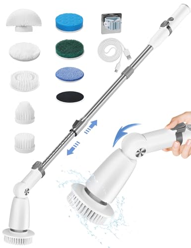 Electric Spin Scrubber Brush Cordless Shower Scrubber with Long Handle, 8 Brush Heads & 3 Adjustable Angles, Dual Speed Electric Scrubber for Cleaning, Automatic Cleaning Brush for Bathroom Tub Tile