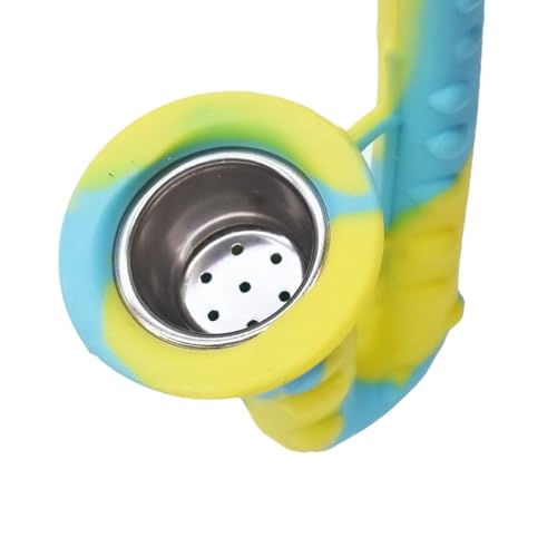Image of Kookee Silicone Unbreakable Saxophone Smoking Pipe, Tobacco Pipes with Steel Bowl, Blue and Yellow