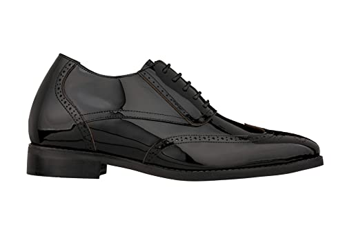 CALTO Men's Invisible Height Increasing Elevator Shoes - Black Patent Leather Lace-up Wing-tip Formal Oxfords - 3 Inches Taller - S1015 - Size 10 D(M) US2