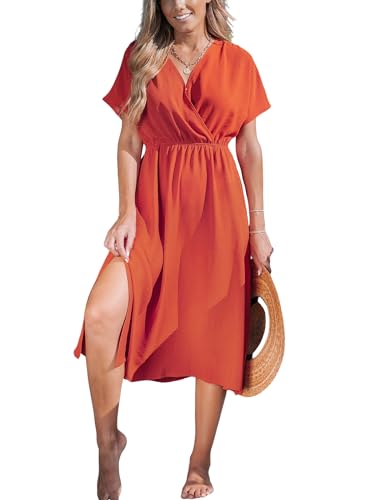 CUPSHE Vestido midi de verano para mujer, cuello en V, manga corta, cintura elástica, corte holgado, para playa, Naranja, M