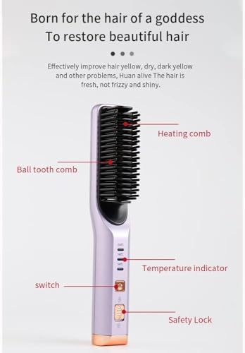 Plancha para el cabello inalámbrica y portátil con cepillo calentador, control de temperatura de tres niveles (160°C, 180°C, 200°C), batería recargable USB, color púrpura miniatura 3