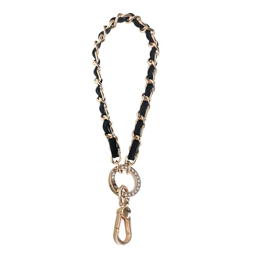 Qaixwuyi 2pcs Taschenkette Handykette Universal mit Drehbarem Karabinerhaken Gold Kurze Zinklegierung Schwarz Leder 15cm Handtaschenkette mit Diamanten Handgelenkschlaufe