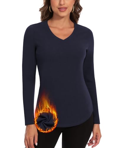WOWENY Thermal Shirts for Women V Neck Fleece Lined Long Sleeve Base Layer Soft Warm Underwear Tops Cold Weather