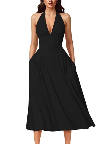 YMDUCH Women's Sexy Halter V Neck Backless Sleeveless A-Line Flowy Midi Dress with Pockets