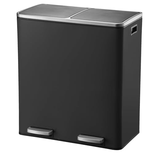 KITCHEN MOVE Poubelle de cuisine à pédale tri sélectif grande capacité 60L (2x30L) MAJOR en acier Inox Noir mat