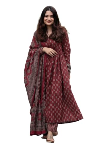 KLOSIA Women Printed Anarkali Kurta Pant Set with Dupatta | Kurta Set for Women (in, Alpha, 2XL, Red) Deal