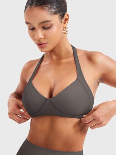 Image of YEOREO Women Halter Sports Bra Light Support V Neck Padded Strappy Open Back Workout Gym Tops