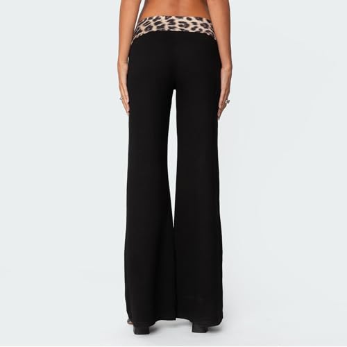 SOLILOQUY Women Leopard Waistband Slight Flare Pants Solid Color Bell Bottoms Trendy Bootcut Trousers Y2K Streetwear3