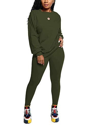 Womens 2 Piece Outfits - Solid Color Sweatsuits Long Sleeve Pullover Sweatshirts Skinny Long Pants Tracksuit Activewear Sets (6419-Army Green, XXL)