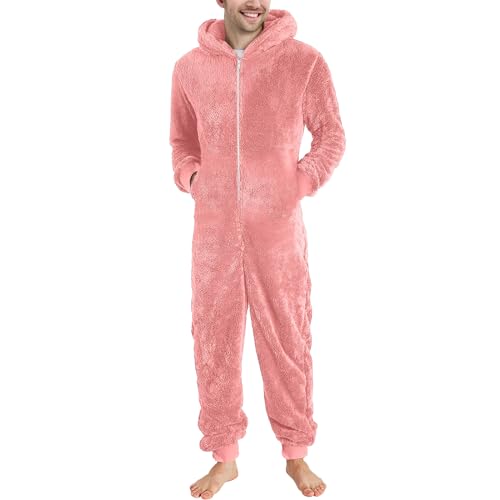 Cexiakong Jumpsuit Uomo Jumpsuit Comodo Pigiama con Cappuccio in Pile Tuta Intera Pigiama Coppia Termico Peluche Tuta Intera Termico Pigiama Tutina Biancheria da Notte Bello, W rosa., L