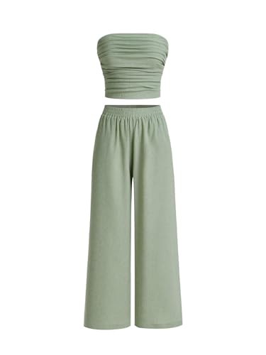 WDIRARA Women's 2 Piece Set Ruched Strapless Tube Top Wide Leg Pants Outfits Green Medium