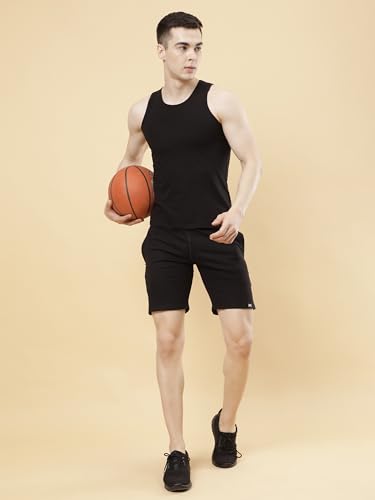 Image of POCKMAN Men's Regular Fit Black Cotton Terry Shorts- Perfect for Sports and Casual Wear.